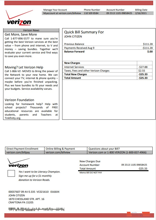 USA Verizon utility bill template in Word and PDF format